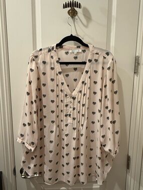 Light Pink Heart Print V-Neck Blouse